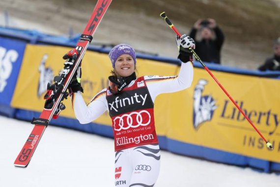 Viktoria Rebensburg celebrates her World Cup victory in Killington